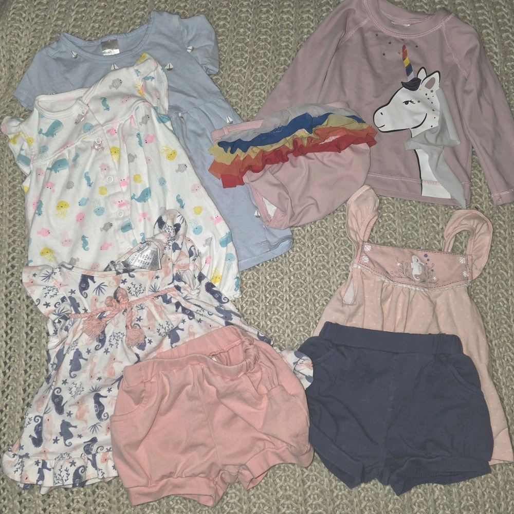 Baby Girl 12 Mo BEACH Bundle Vacation Swim Suit Romper Dress Shorts 8 Piece Lot